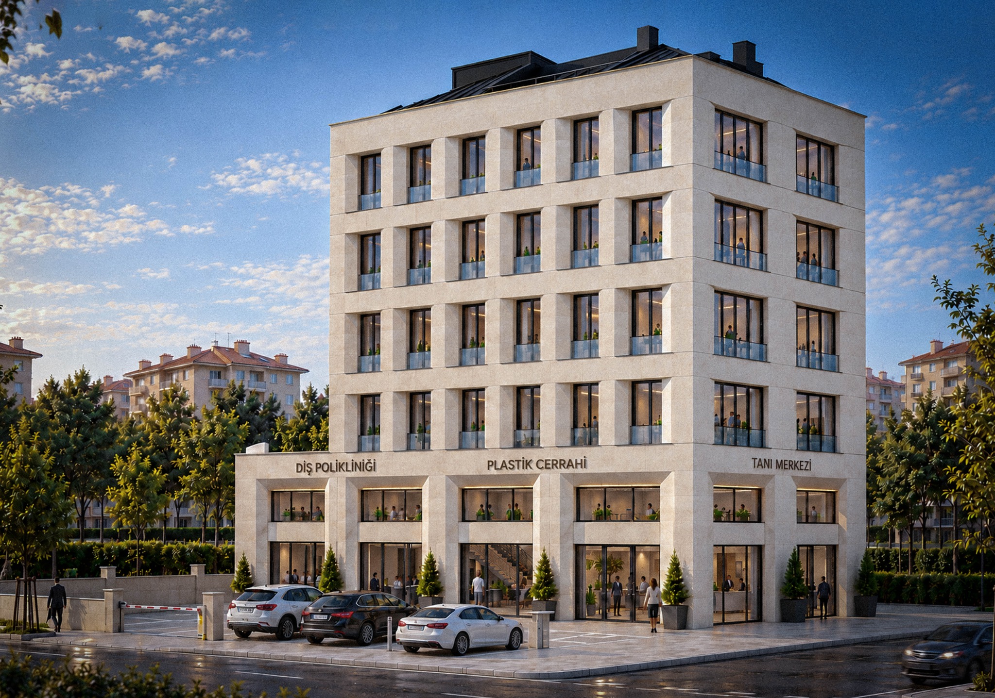 Tacettin Veli projesinin açık renk taş cepheli mimari görselleştirmesi